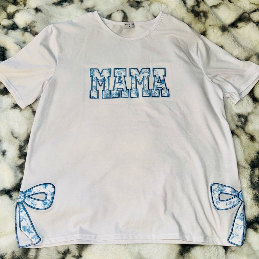 White "MAMA" Short Sleeve Tee with Blue Graphic